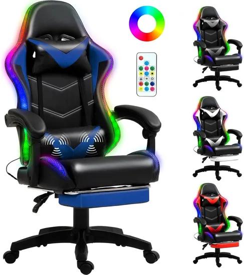 RGB LED Lights High Back Reclining Gaming Chair with Footrest for Adults and Kids 